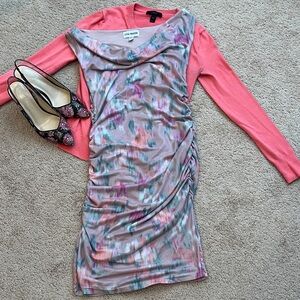 Steve Madden Watercolor Ruched Cowl-Neck Midi Dress in Pink, Gray and Teal